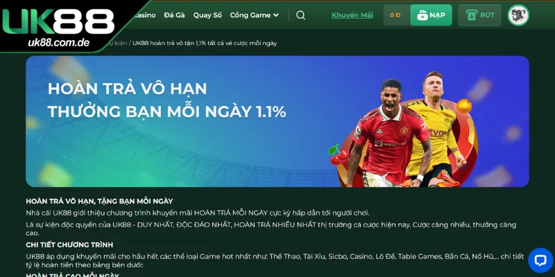 Mọi khoản cược hợp lệ trên nền tảng đều được hoàn trả 1,1%